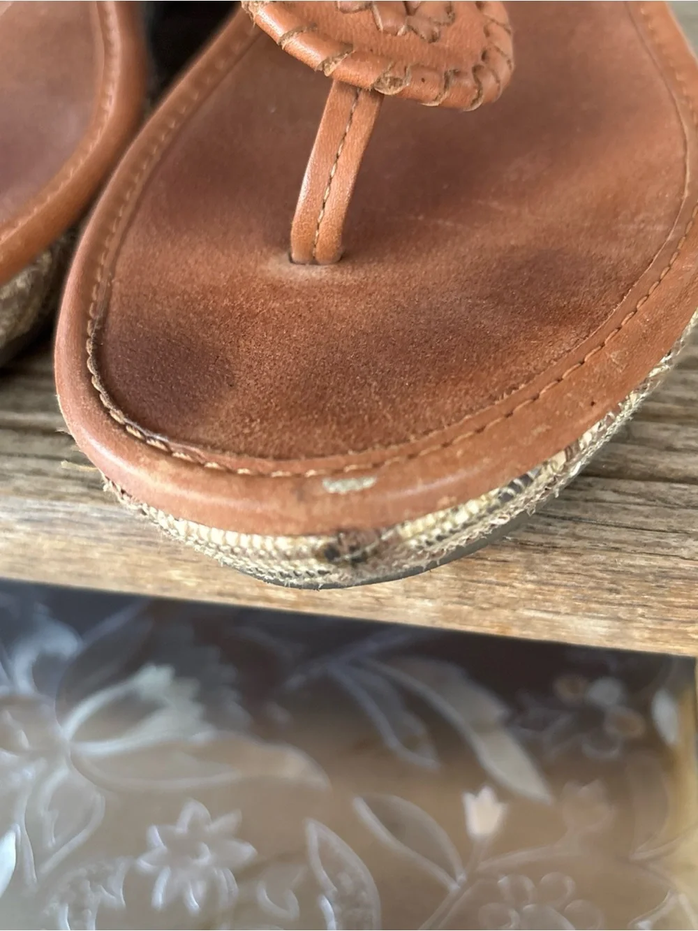Jack Rogers Cognac Leather Wedge Thong Sandals Women’s 10